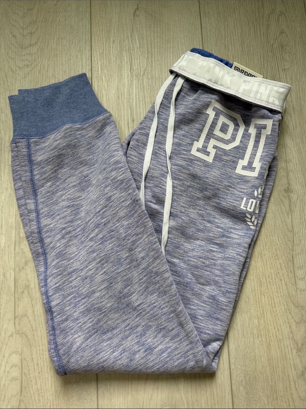 PINK Victoria's Secret Heathered Blue Drawstring Joggers with White Logo